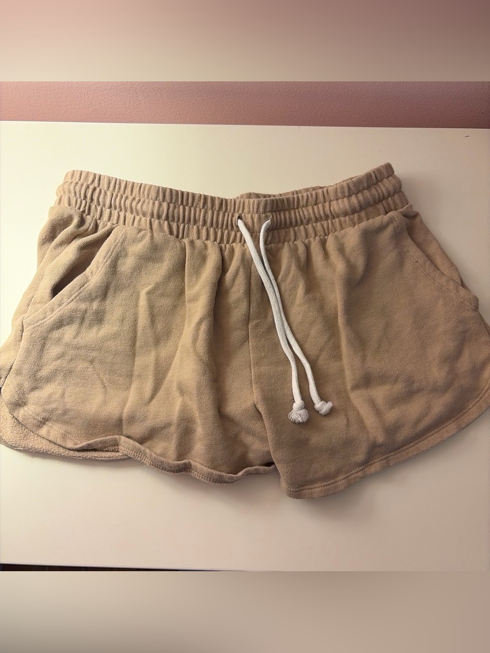 SO Beige Athletic Lounge Shorts with White Drawstring